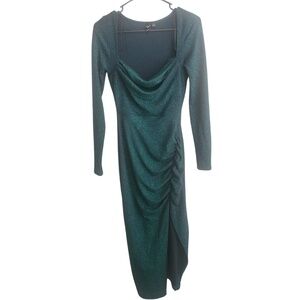 Windsor Sparkly Sequin Open Collar High Split Evening Maxi Dress - Emerald Green